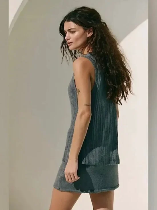 FREE PEOPLE FP BEACH Rhea Sweater Longline VEST & Mini SKIRT SET Size L Grey NEW - Picture 3 of 7